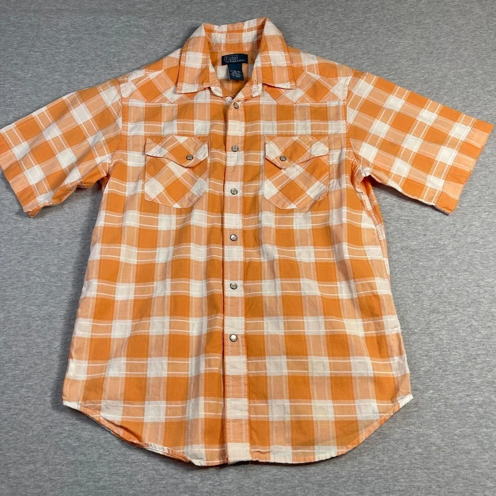 Polo Ralph Lauren Western Snap Shirt Boys Large 14-16 Orange White Plaid Cotton